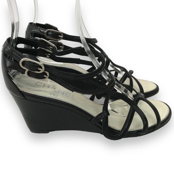 Chanel Black Strappy Leather Wedge Heel Sandals EU 37! - Picture 1 of 13